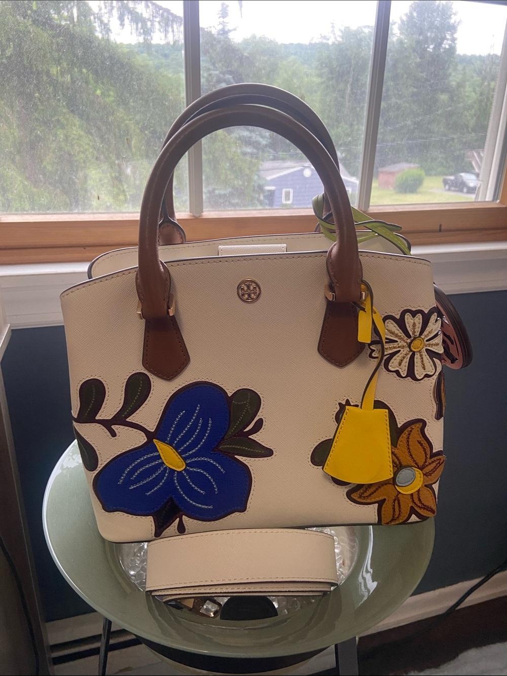 Tory Burch Cream Satchel with Blue, Yellow and Brown Floral Appliqués